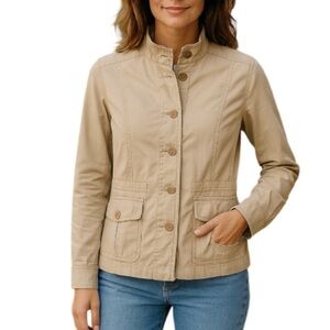 EILEEN FISHER Tan Utility Jacket Ruffled Neck  Drawstring Waist Size XS